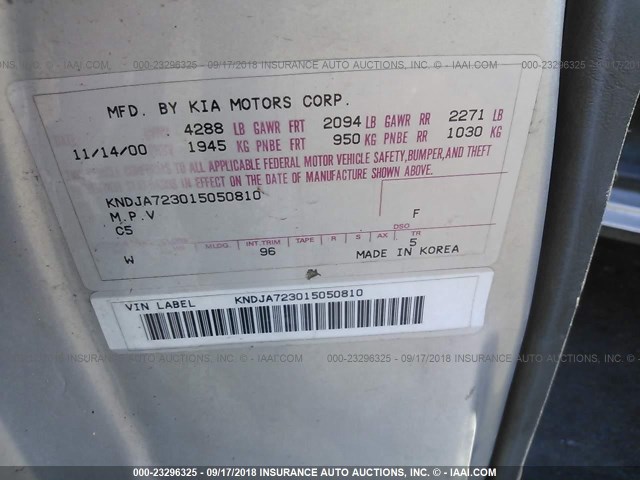 KNDJA723015050810 - 2001 KIA SPORTAGE SILVER photo 9