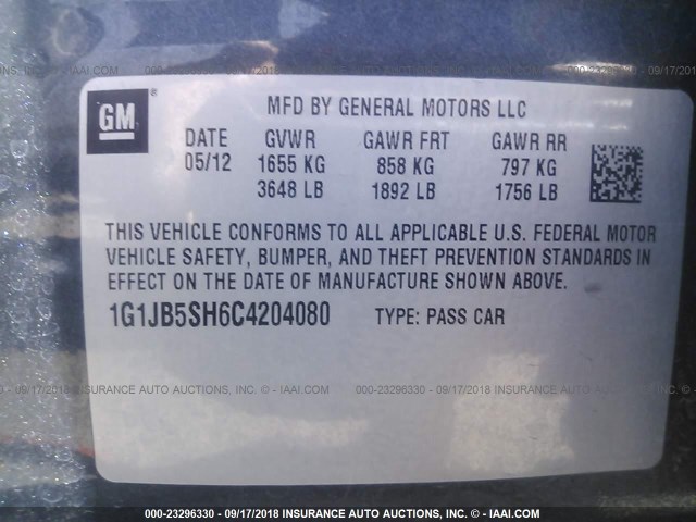 1G1JB5SH6C4204080 - 2012 CHEVROLET SONIC LS 灰色 照片 9