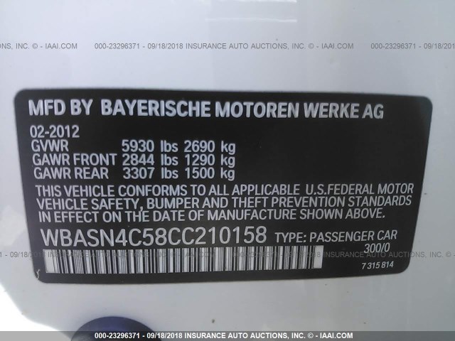 WBASN4C58CC210158 - 2012 BMW 550 IGT WHITE photo 9