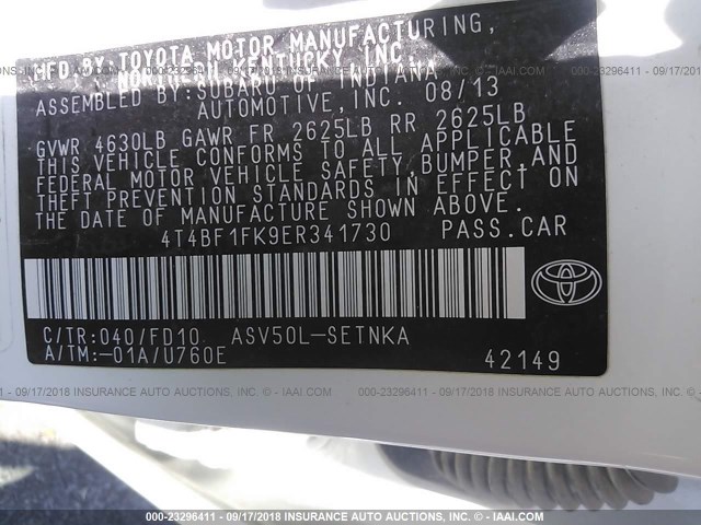 4T4BF1FK9ER341730 - 2014 TOYOTA CAMRY L/SE/LE/XLE Ağ foto 9