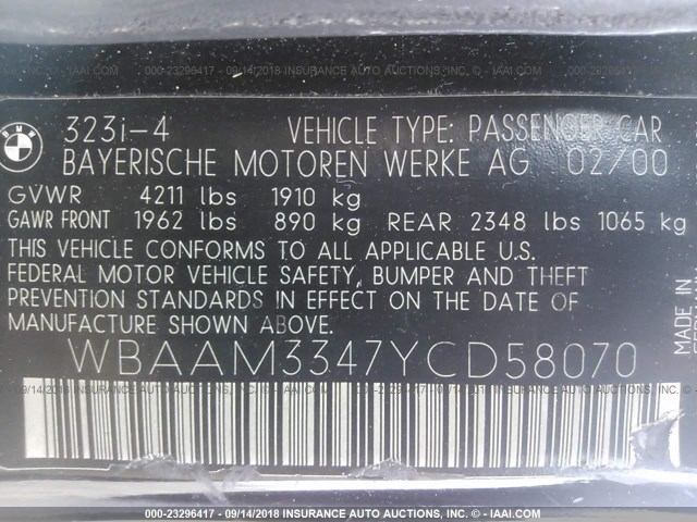 WBAAM3347YCD58070 - 2000 BMW 323 I BLACK photo 9