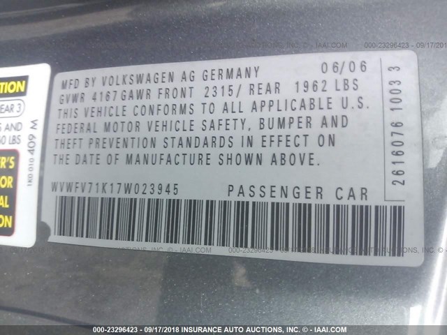 WVWFV71K17W023945 - 2007 VOLKSWAGEN NEW GTI FAHRENHEIT GRAY photo 9