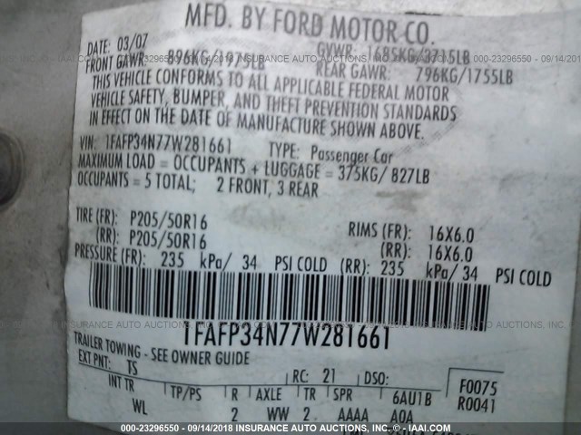 1FAFP34N77W281661 - 2007 FORD FOCUS ZX4/S/SE/SES 银色 照片 9