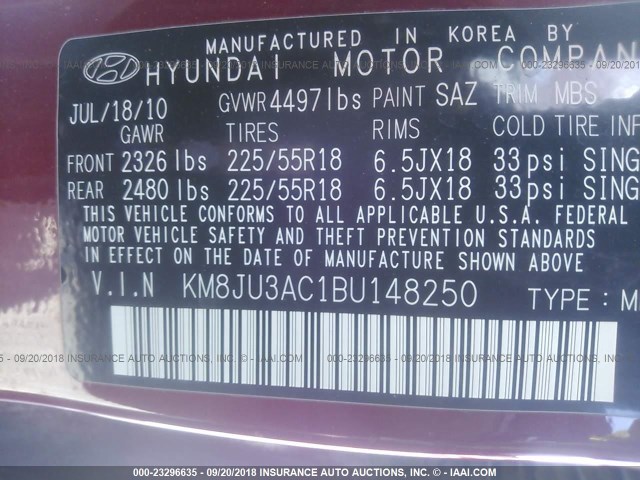 KM8JU3AC1BU148250 - 2011 HYUNDAI TUCSON GLS/LIMITED RED photo 9