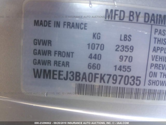 WMEEJ3BA0FK797035 - 2015 SMART FORTWO PURE/PASSION WHITE photo 9