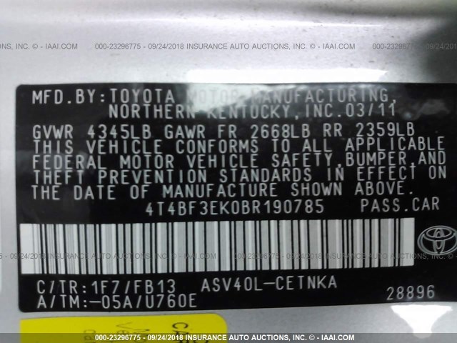 4T4BF3EK0BR190785 - 2011 TOYOTA CAMRY SE/LE/XLE 银色 照片 9