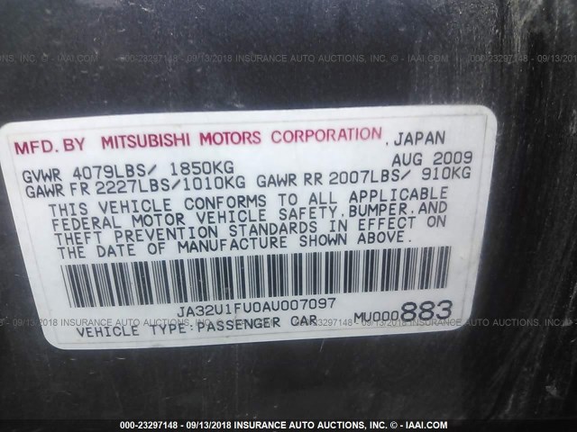 JA32U1FU0AU007097 - 2010 MITSUBISHI LANCER DE GRAY photo 9