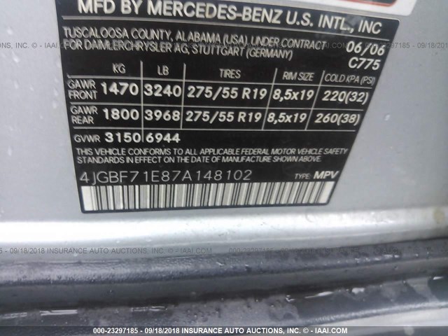 4JGBF71E87A148102 - 2007 MERCEDES-BENZ GL 450 4MATIC SILVER photo 9