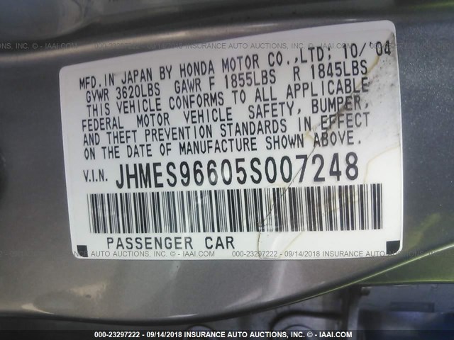 JHMES96605S007248 - 2005 HONDA CIVIC HYBRID GRAY photo 9