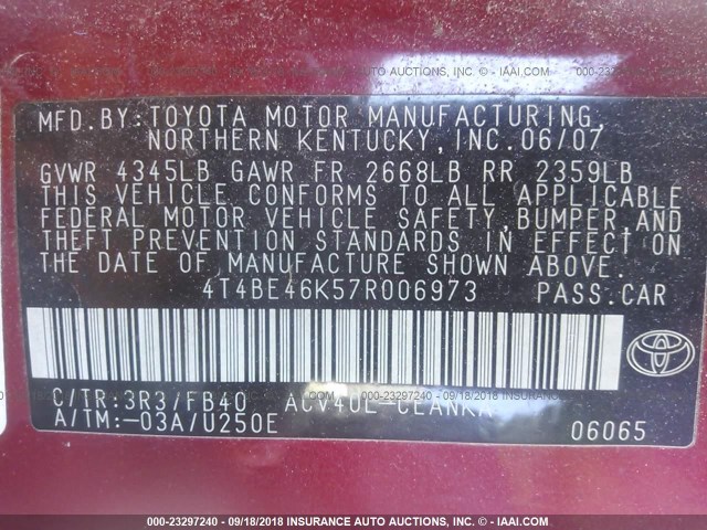 4T4BE46K57R006973 - 2007 TOYOTA CAMRY NEW GENERAT CE/LE/XLE/SE RED photo 9
