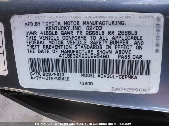 4T1BE32K63U695460 - 2003 TOYOTA CAMRY LE/XLE/SE 蓝色 照片 9