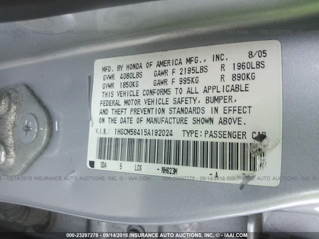 1HGCM56415A192024 - 2005 HONDA ACCORD LX SILVER photo 9