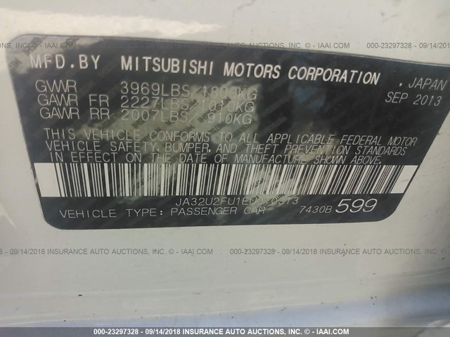 JA32U2FU1EU010313 - 2014 MITSUBISHI LANCER ES/ES SPORT WHITE photo 9