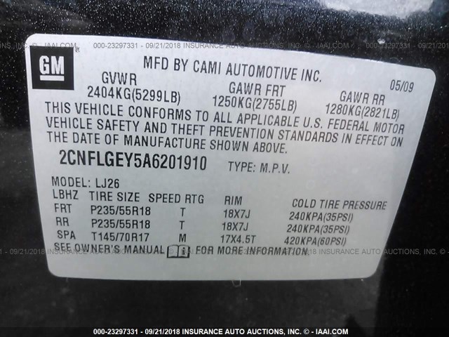 2CNFLGEY5A6201910 - 2010 CHEVROLET EQUINOX LTZ BLACK photo 9