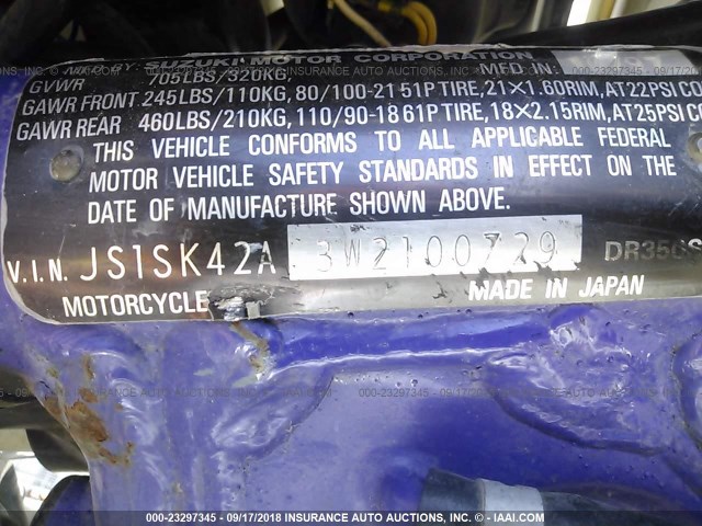 JS1SK42A3W2100729 - 1998 SUZUKI DR350 SE WHITE photo 10