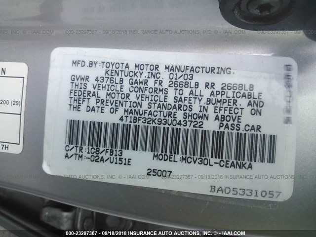 4T1BF32K93U043722 - 2003 TOYOTA CAMRY LE/XLE/SE Күміс фото 9
