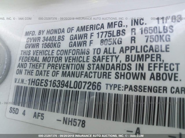 1HGES16394L007266 - 2004 HONDA CIVIC DX VP Ağ foto 9