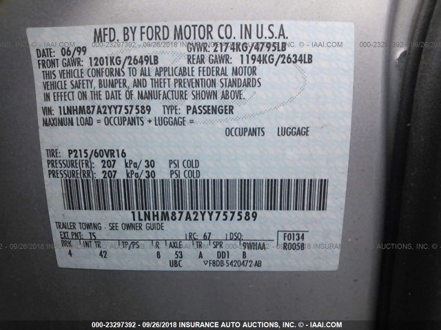 ILNHM87A2YY757589 - 2000 LINCOLN LS ვერცხლისფერი ფოტო 9