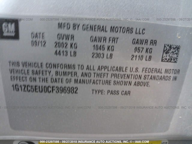 1G1ZC5EU0CF396982 - 2012 CHEVROLET MALIBU 1LT SILVER photo 9