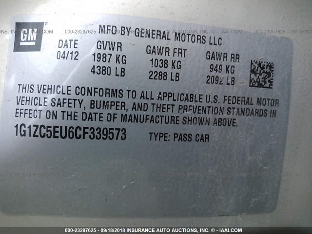 1G1ZC5EU6CF339573 - 2012 CHEVROLET MALIBU 1LT ოქროსფერი ფოტო 9