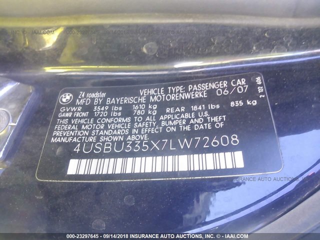 4USBU335X7LW72608 - 2007 BMW Z4 3.0 BLUE photo 9