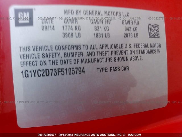 1G1YC2D73F5105794 - 2015 CHEVROLET CORVETTE STINGRAY/2LT RED photo 9