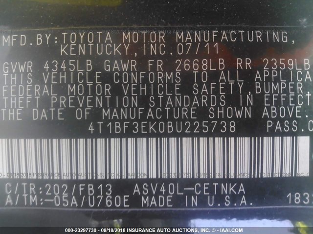 4T1BF3EK0BU225738 - 2011 TOYOTA CAMRY SE/LE/XLE შავი ფოტო 9