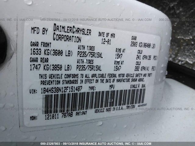 1B4HS38N12F151487 - 2002 DODGE DURANGO SPORT/SXT WHITE photo 9