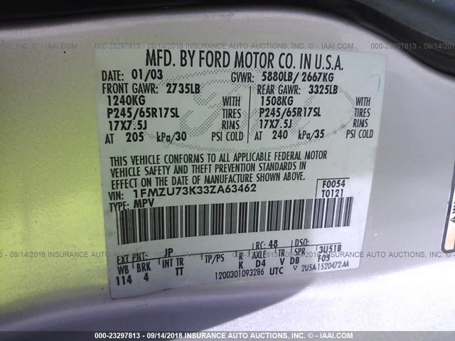 1FMZU73K33ZA63462 - 2003 FORD EXPLORER XLT/XLT SPORT/NBX 银色 照片 9