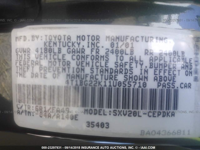 4T1BG22K11U055710 - 2001 TOYOTA CAMRY CE/LE/XLE 绿色 照片 9