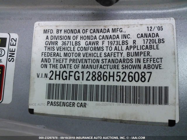 2HGFG12886H526087 - 2006 HONDA CIVIC EX SILVER photo 9