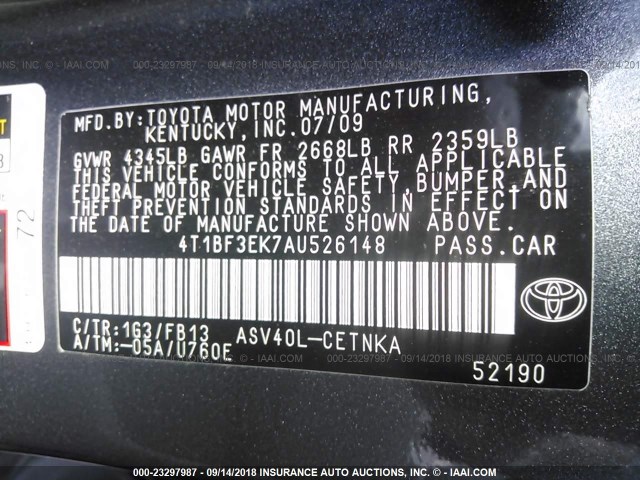 4T1BF3EK7AU526148 - 2010 TOYOTA CAMRY SE/LE/XLE GRAY photo 9