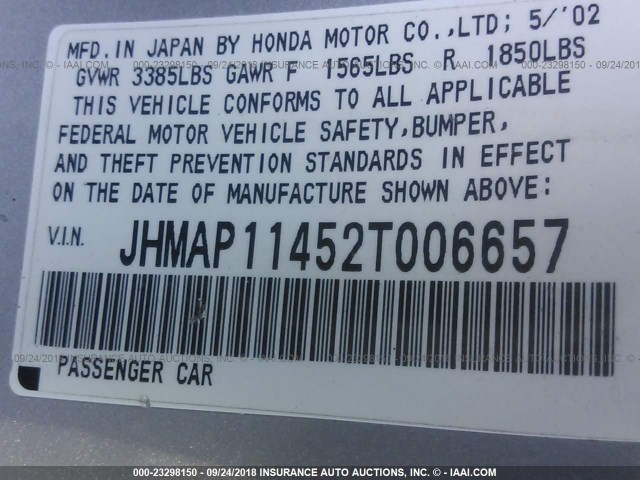 JHMAP11452T006657 - 2002 HONDA S2000 SILVER photo 9