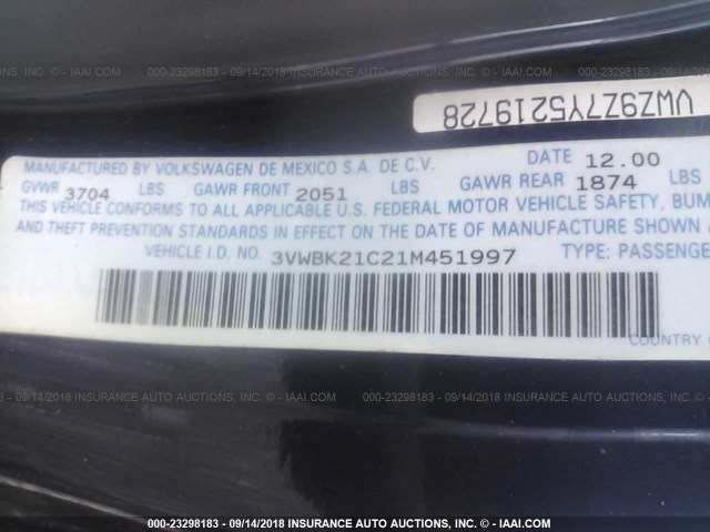 3VWBK21C21M451997 - 2001 VOLKSWAGEN NEW BEETLE GL 蓝色 照片 9