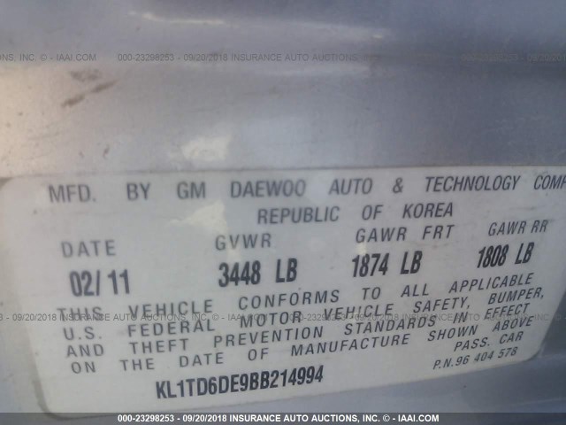 KL1TD6DE9BB214994 - 2011 CHEVROLET AVEO LS/LT SILVER photo 9