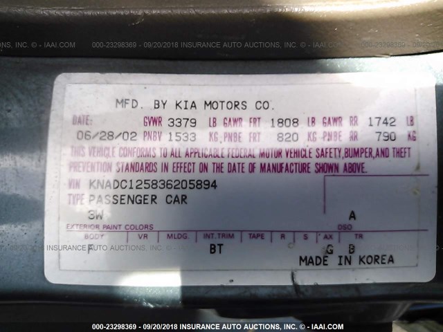 KNADC125836205894 - 2003 KIA RIO GREEN photo 9