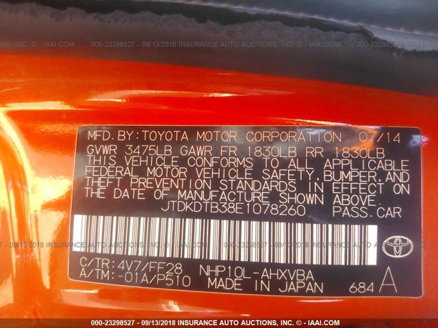 JTDKDTB38E1078260 - 2014 TOYOTA PRIUS C ORANGE photo 9