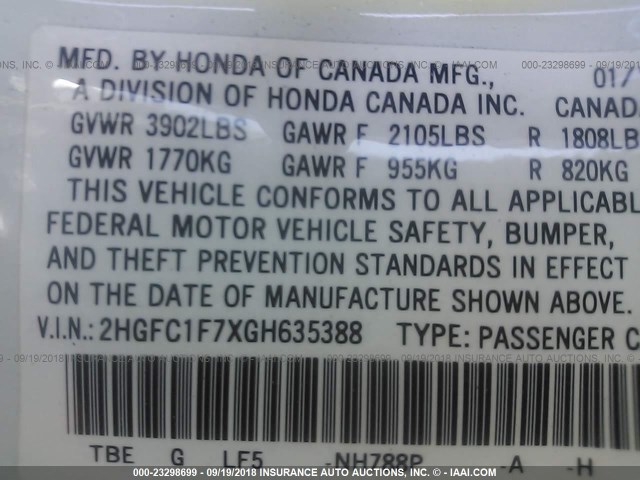 2HGFC1F7XGH635388 - 2016 HONDA CIVIC EXL 白色 照片 9