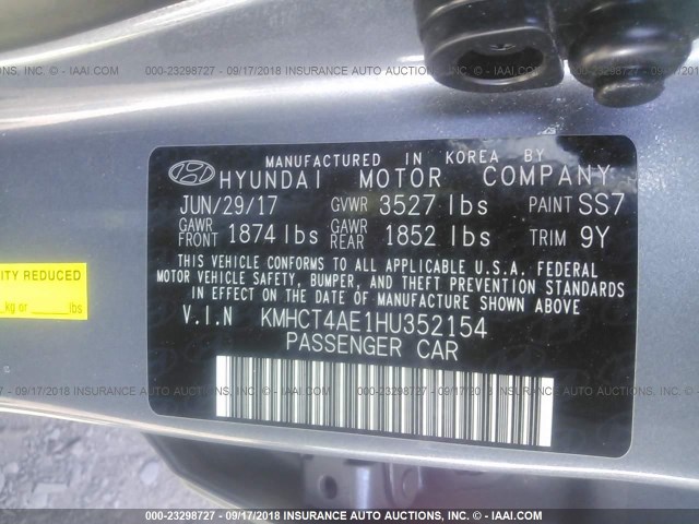 KMHCT4AE1HU352154 - 2017 HYUNDAI ACCENT SE BLUE photo 9