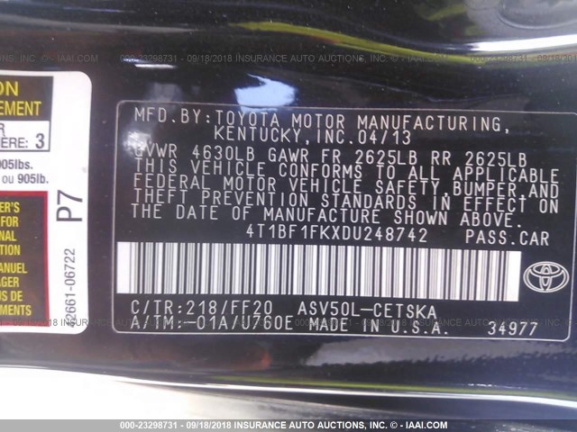 4T1BF1FKXDU248742 - 2013 TOYOTA CAMRY L/SE/LE/XLE Qara foto 9