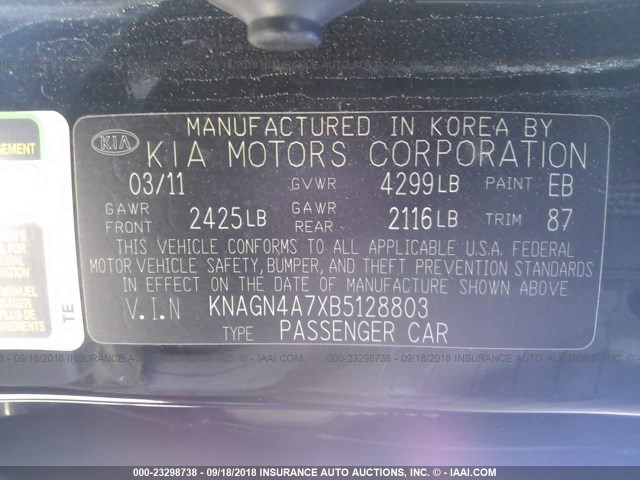 KNAGN4A7XB5128803 - 2011 KIA OPTIMA EX/SX BLACK photo 9