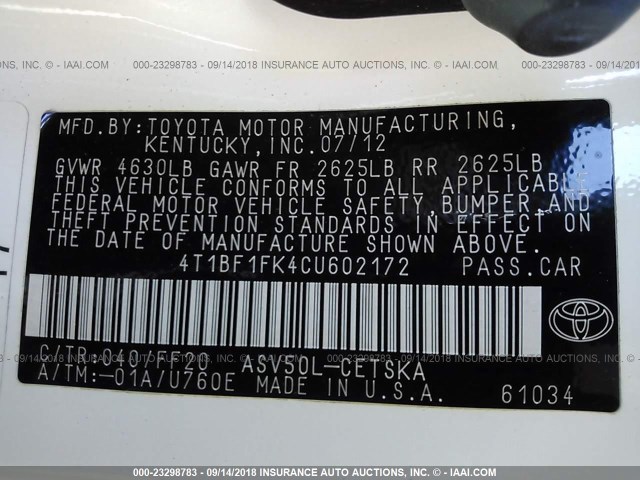 4T1BF1FK4CU602172 - 2012 TOYOTA CAMRY SE/LE/XLE WHITE photo 9