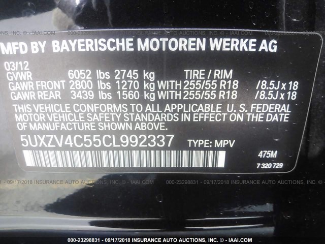 5UXZV4C55CL992337 - 2012 BMW X5 XDRIVE35I BLACK photo 9