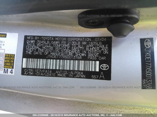 JTKDE177X50013768 - 2005 TOYOTA SCION TC 灰色 照片 9