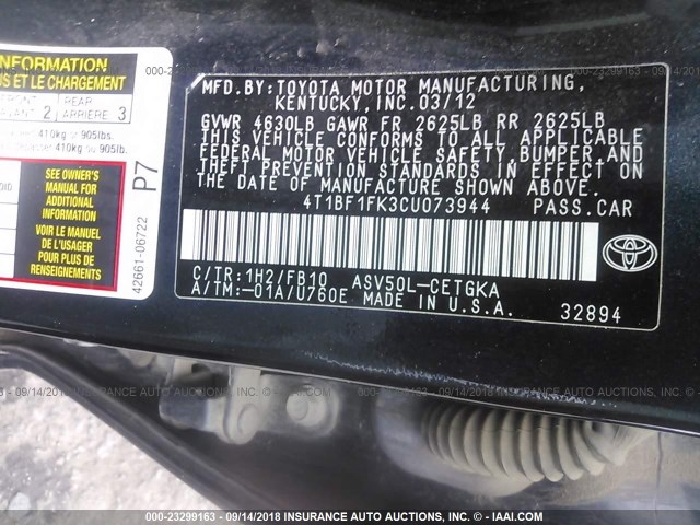 4T1BF1FK3CU073944 - 2012 TOYOTA CAMRY SE/LE/XLE BLACK photo 9