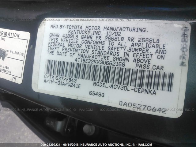 4T1BE32KX3U662168 - 2003 TOYOTA CAMRY LE/XLE/SE Сұр фото 9