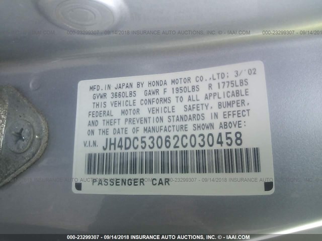 JH4DC53062C030458 - 2002 ACURA RSX TYPE-S SILVER photo 9