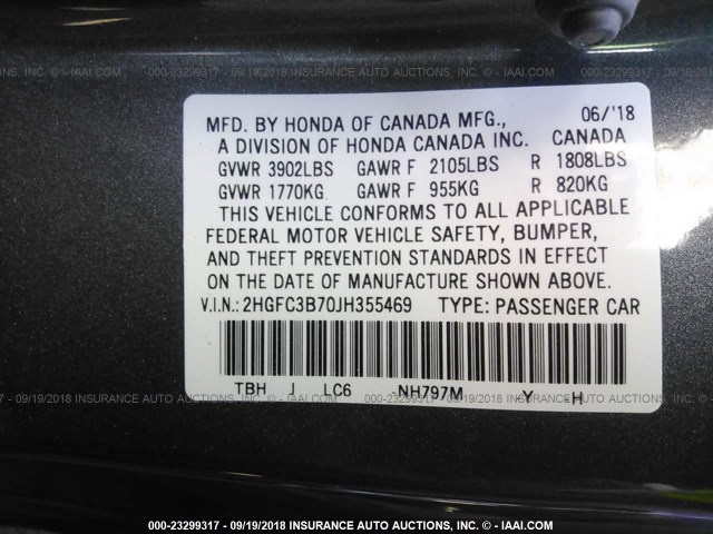 2HGFC3B70JH355469 - 2018 HONDA CIVIC EXL 灰色 照片 9