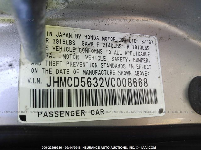 JHMCD5632VC008668 - 1997 HONDA ACCORD LX/EX GOLD photo 9