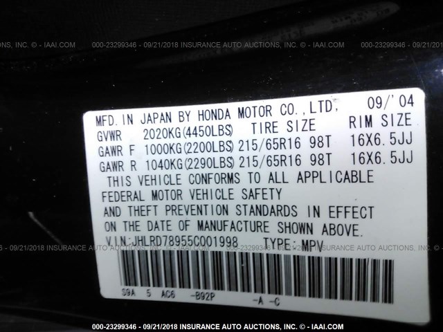 JHLRD78955C001998 - 2005 HONDA CR-V SE/EX BLACK photo 9